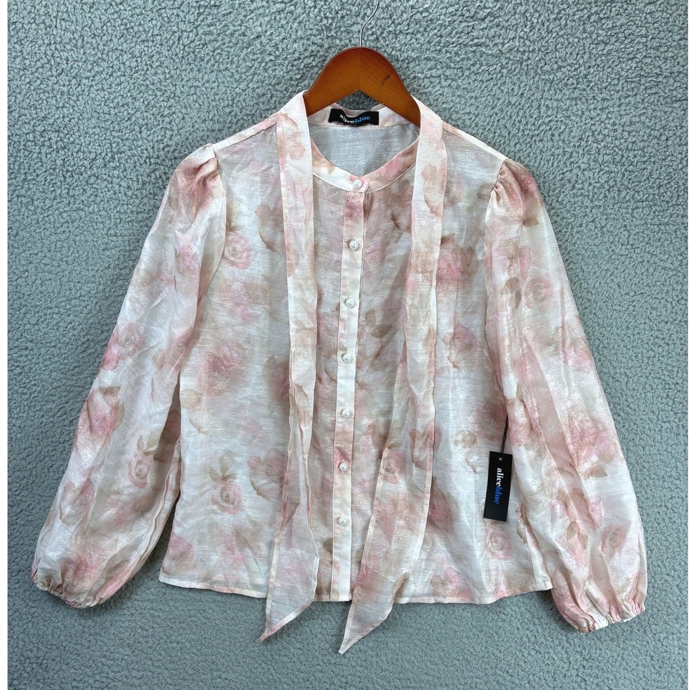 Alice Blue Tie Neck Chiffon Blouse Womens S Pink Sheer Boho Long Sleeve